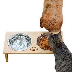 FOREYY Raised Pet Bowls for Cats and Small Dogs, Bamboo Elevated Dog Cat Food and Water Bowls Stand Feeder with 2 Stainless Steel Bowls and Anti Slip Feet(4'' Tall, 20 Oz Bowl)