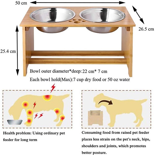 FOREYY Raised Pet bowls for Medium and Large Dogs, Bamboo Elevated Dog Cat Food and Water Bowls Stand Feeder with 2 Stainless Steel Bowls and Anti Slip Feet (New 10'' Tall)